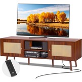 VEVOR Rattan TV Stand for 65 Inch TV, Mid Century Bohemian Modern TV Bench, TV Console with Built-in Plug and USB Ports, Adjustable Shelves for Living Room, Multimedia Room, Walnut