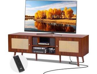 VEVOR Rattan TV Stand for 65 Inch TV, Mid Century Bohemian Modern TV Bench, TV Console with Built-in Plug and USB Ports, Adjustable Shelves for Living Room, Multimedia Room, Walnut