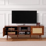 VEVOR Rattan TV Stand for 65 Inch TV, Mid Century Bohemian Modern TV Bench, TV Console with Built-in Plug and USB Ports, Adjustable Shelves for Living Room, Multimedia Room, Walnut