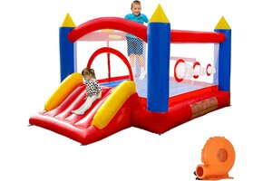 Springkasteel PVC met ventilator, trampoline, glijbaan & net - 35% korting!