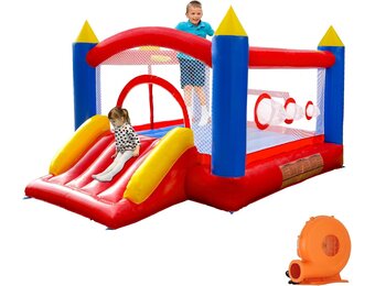 Ballsea PVC Bouncy Castle with Fan, Trampoline, Slide, Safety Net, This Bouncy Castle is Made of PVC, Suitable for Home, Outdoor, Nursery or Commercial (Size: 365 x 283