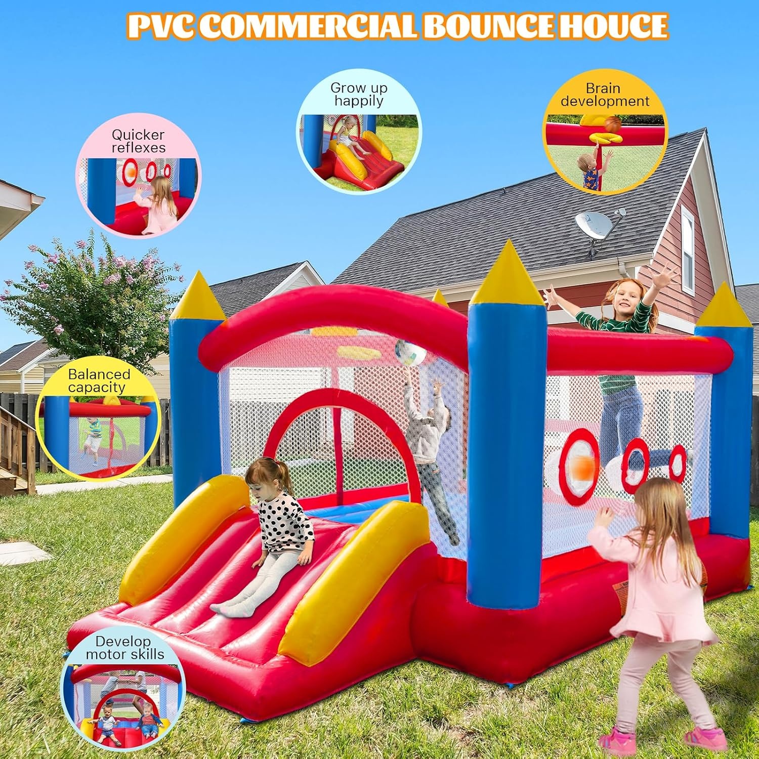 Ballsea PVC Bouncy Castle with Fan, Trampoline, Slide, Safety Net, This Bouncy Castle is Made of PVC, Suitable for Home, Outdoor, Nursery or Commercial (Size: 365 x 283