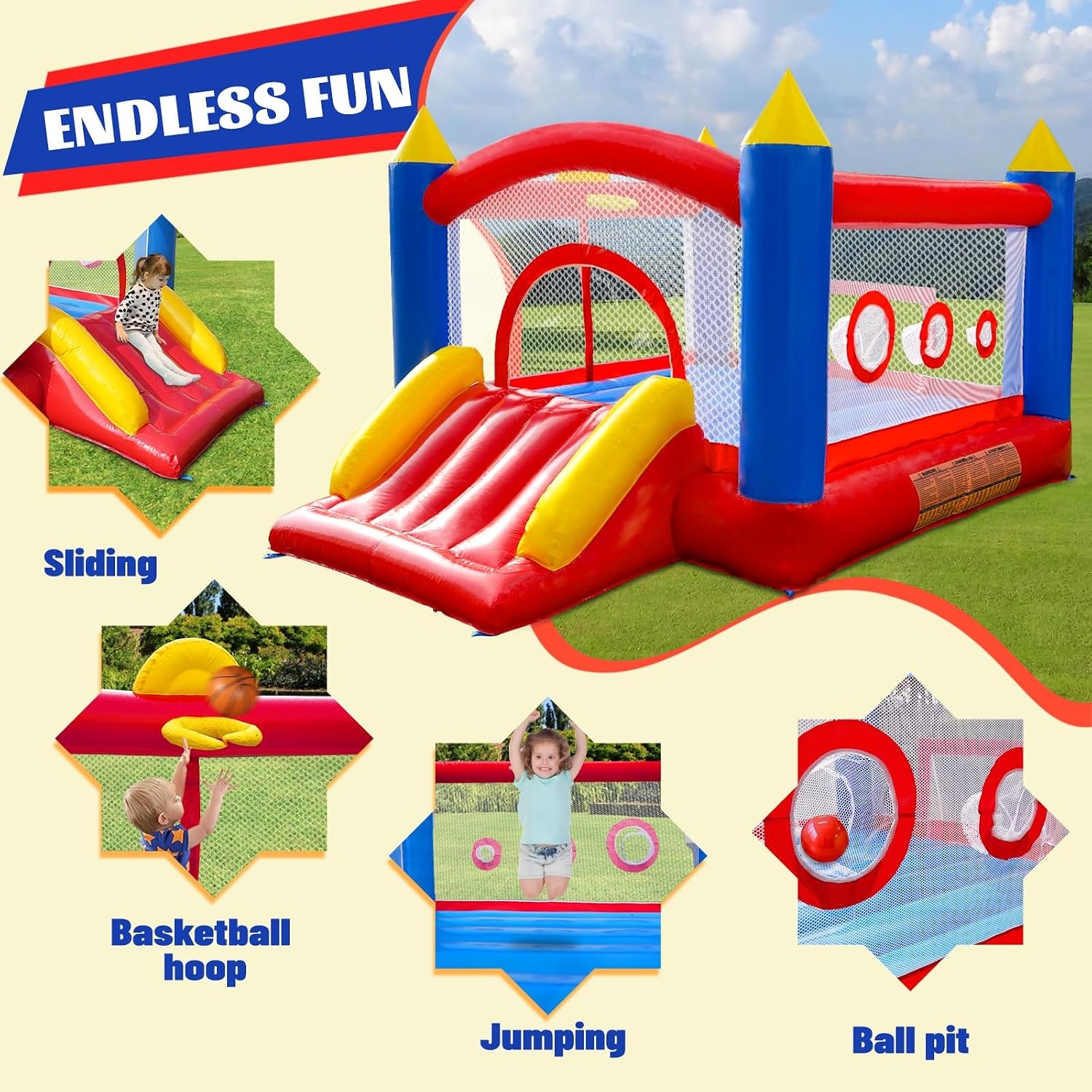 Ballsea PVC Bouncy Castle with Fan, Trampoline, Slide, Safety Net, This Bouncy Castle is Made of PVC, Suitable for Home, Outdoor, Nursery or Commercial (Size: 365 x 283