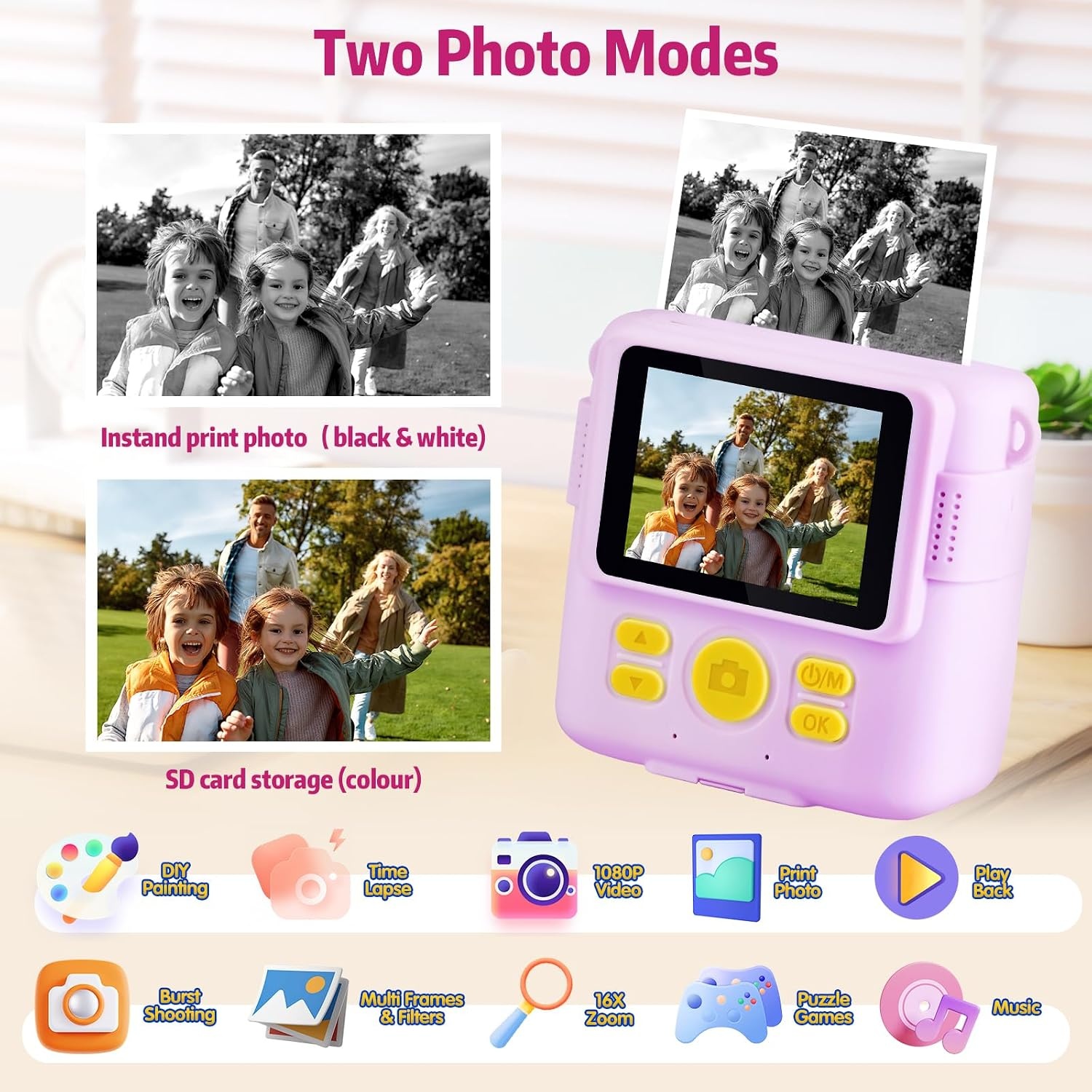Kindercamera met Printer - Direct Print & Kleurenfoto's - 1080p HD, 32GB Kaart - 34% Korting