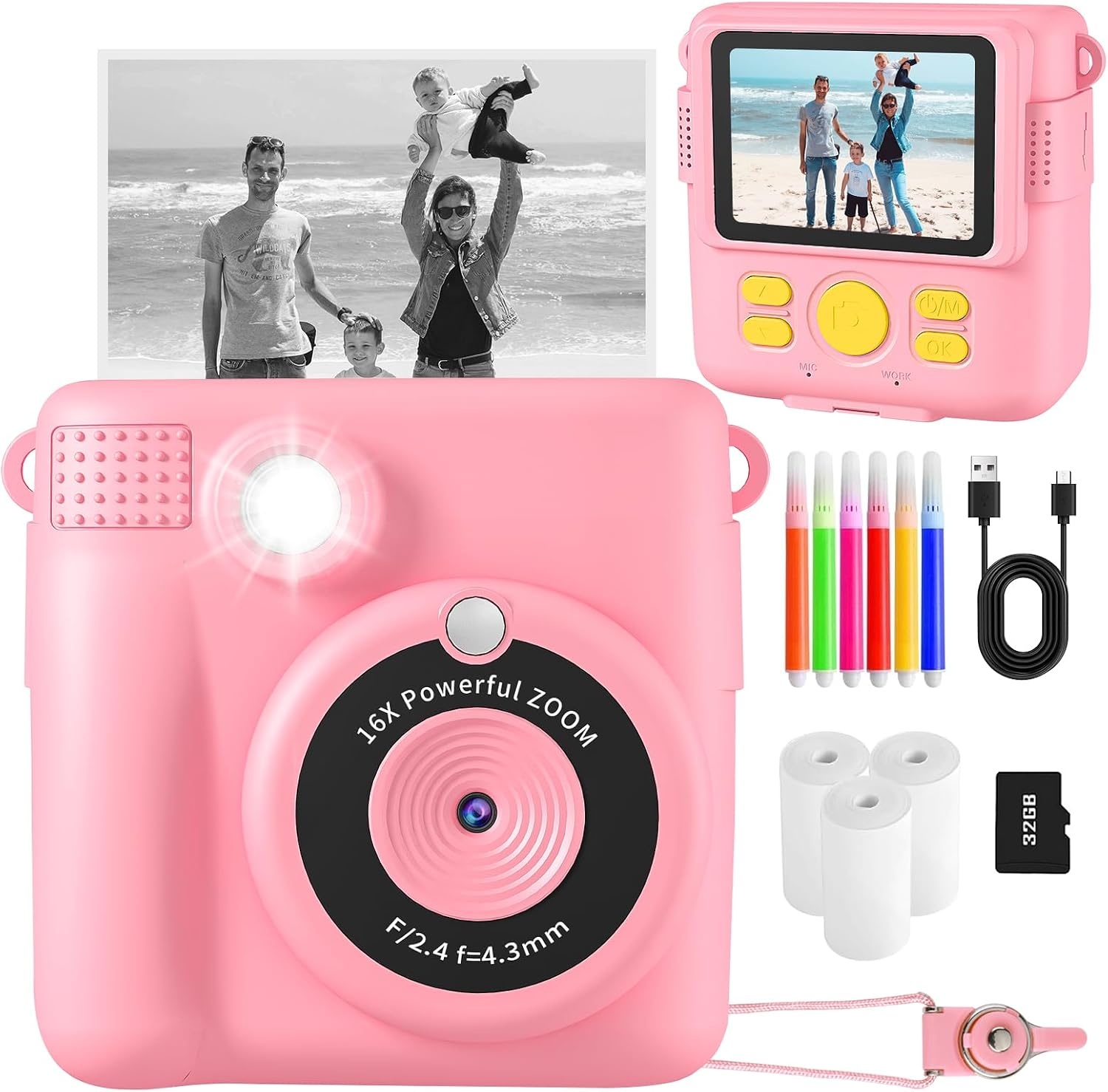 Kindercamera met Printer - Direct Print & Kleurenfoto's - 1080p HD, 32GB Kaart - 34% Korting