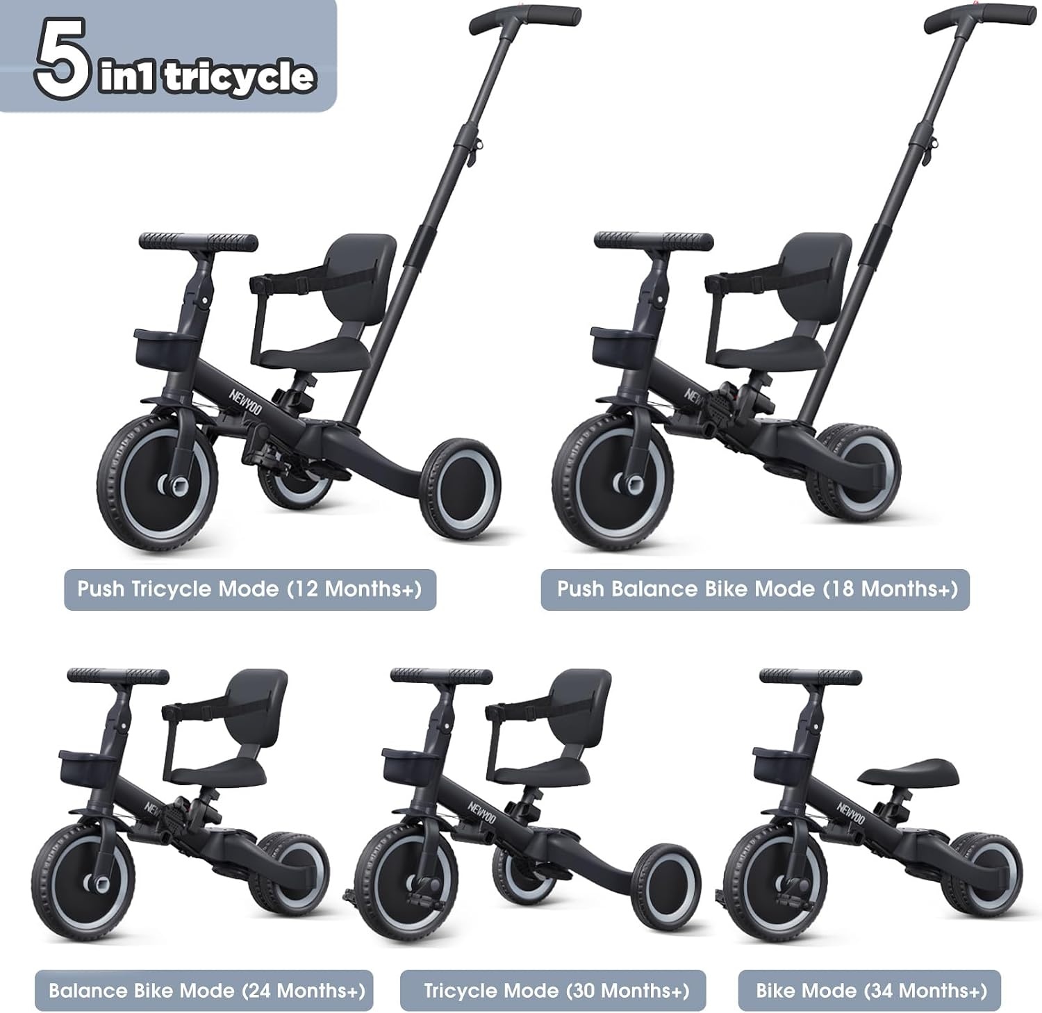 Driewieler Loopfiets 5-in-1 Zwart - 34% Korting