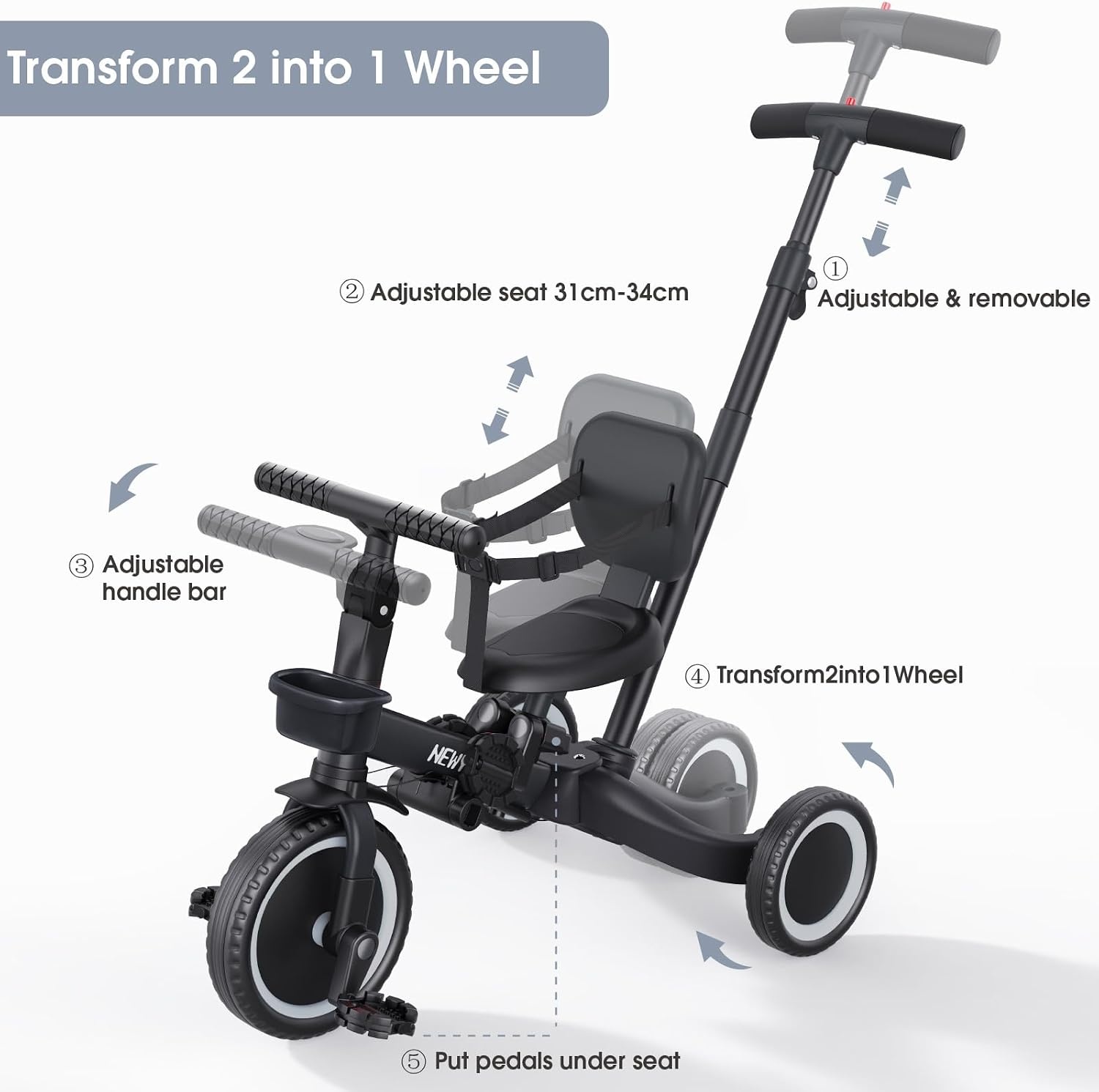 Driewieler Loopfiets 5-in-1 Zwart - 34% Korting