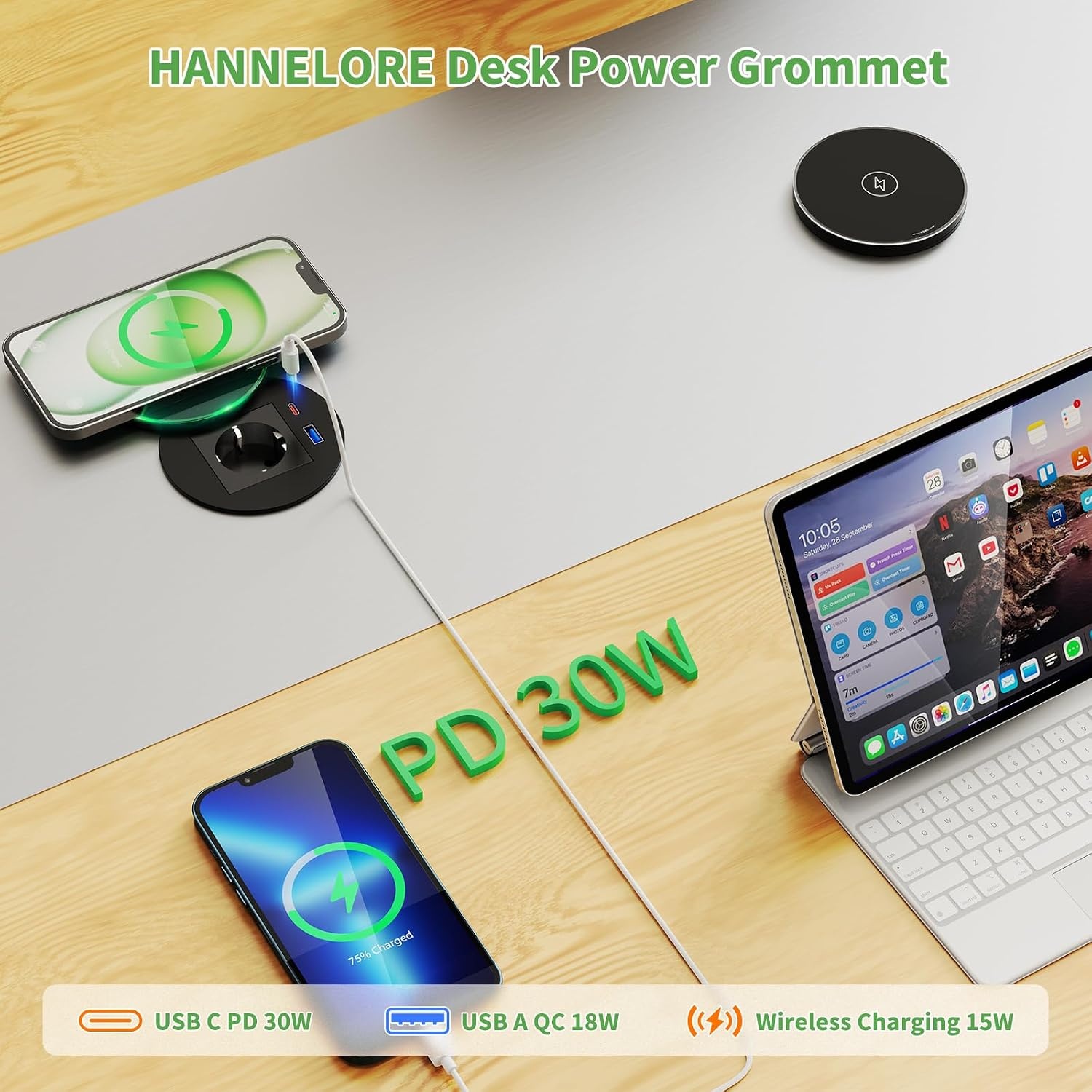 HANNELORE Inbouwstopcontact met USB-C PD 30 W, 15 W draadloos opladen