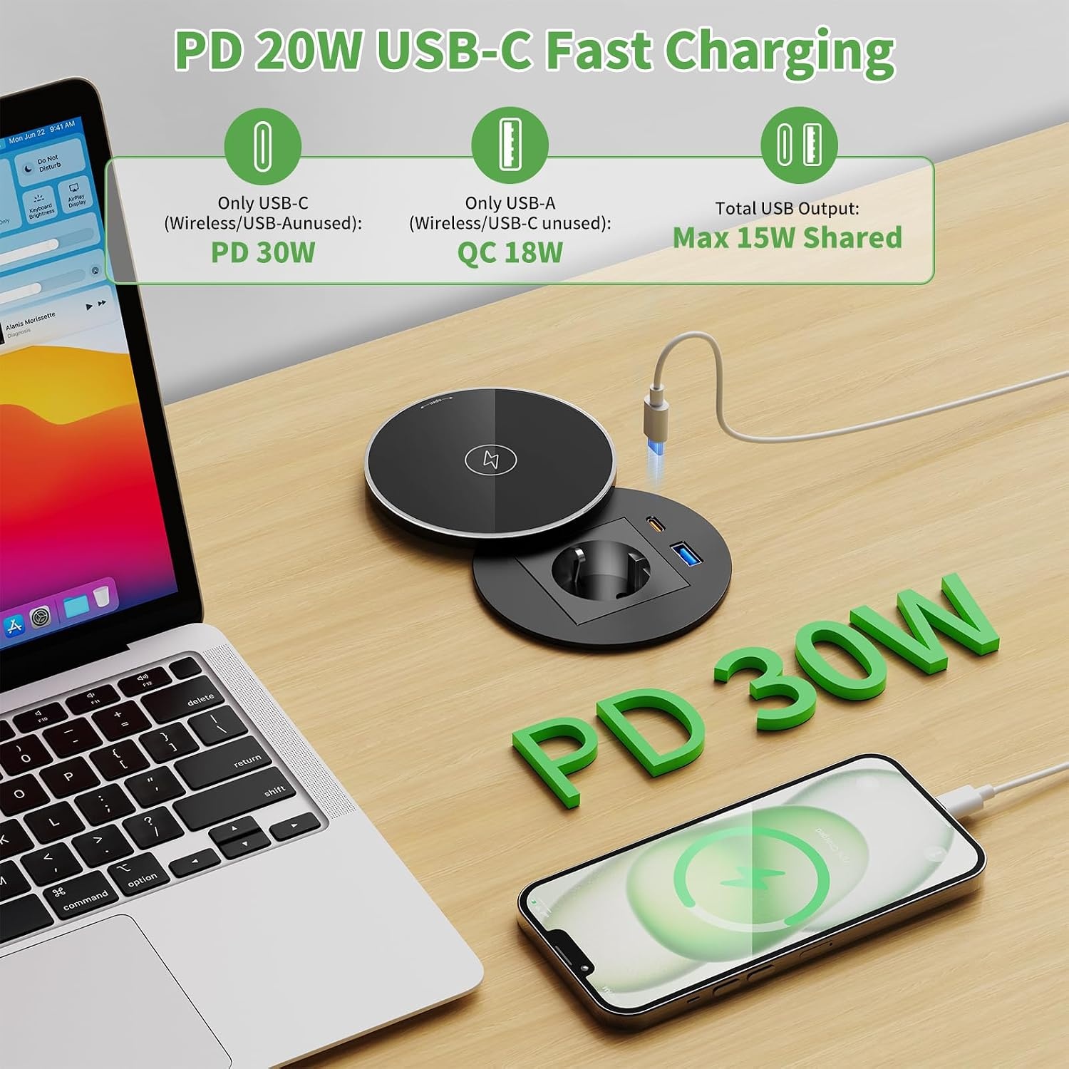 HANNELORE Inbouwstopcontact met USB-C PD 30 W, 15 W draadloos opladen