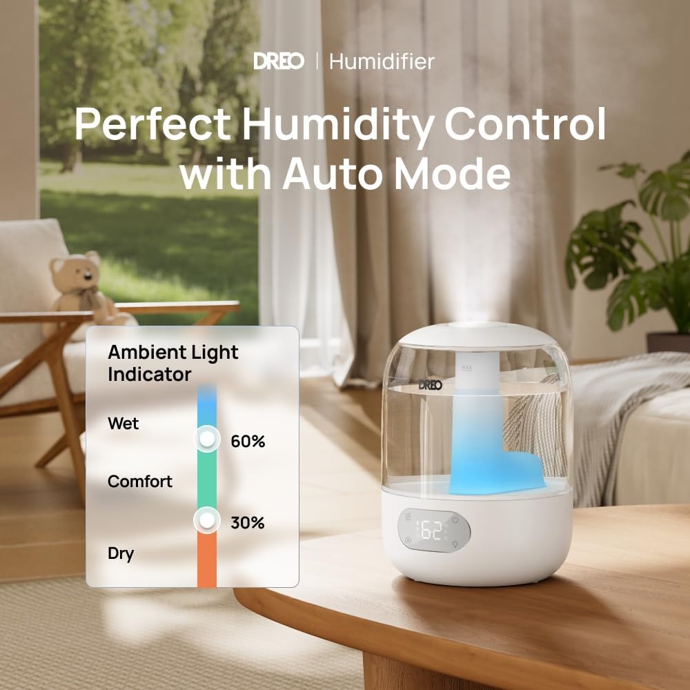 Dreo Cool Mist Luchtbevochtigers voor Baby, 3L Top Fill, 26dB Quite, Omgevingslicht voor Kinderkamer, Minder Vulling, Binnenshuis, Verstelbare Nozzle, Nieuwe Editie