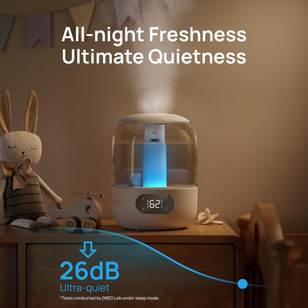 Dreo Cool Mist Luchtbevochtigers voor Baby, 3L Top Fill, 26dB Quite, Omgevingslicht voor Kinderkamer, Minder Vulling, Binnenshuis, Verstelbare Nozzle, Nieuwe Editie