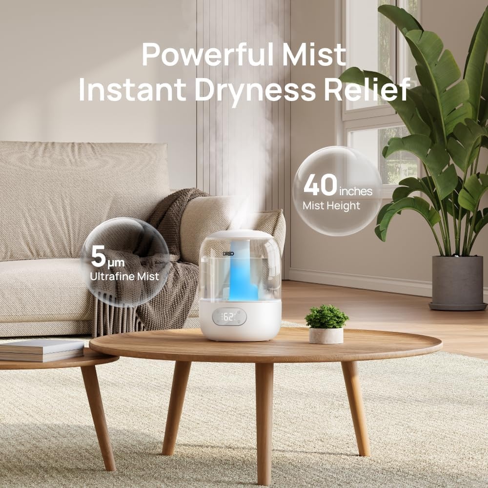 Dreo Cool Mist Luchtbevochtigers voor Baby, 3L Top Fill, 26dB Quite, Omgevingslicht voor Kinderkamer, Minder Vulling, Binnenshuis, Verstelbare Nozzle, Nieuwe Editie