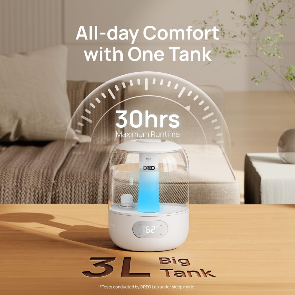 Dreo Cool Mist Luchtbevochtigers voor Baby, 3L Top Fill, 26dB Quite, Omgevingslicht voor Kinderkamer, Minder Vulling, Binnenshuis, Verstelbare Nozzle, Nieuwe Editie