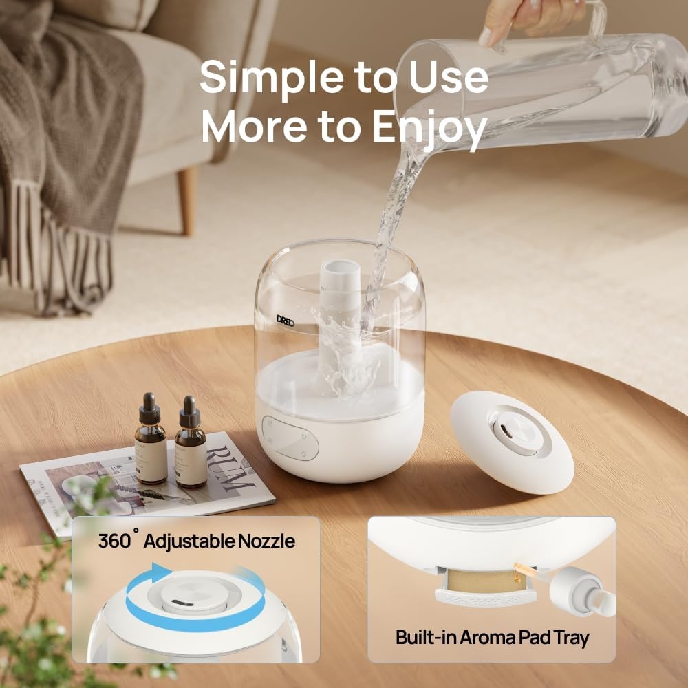 Dreo Cool Mist Luchtbevochtigers voor Baby, 3L Top Fill, 26dB Quite, Omgevingslicht voor Kinderkamer, Minder Vulling, Binnenshuis, Verstelbare Nozzle, Nieuwe Editie