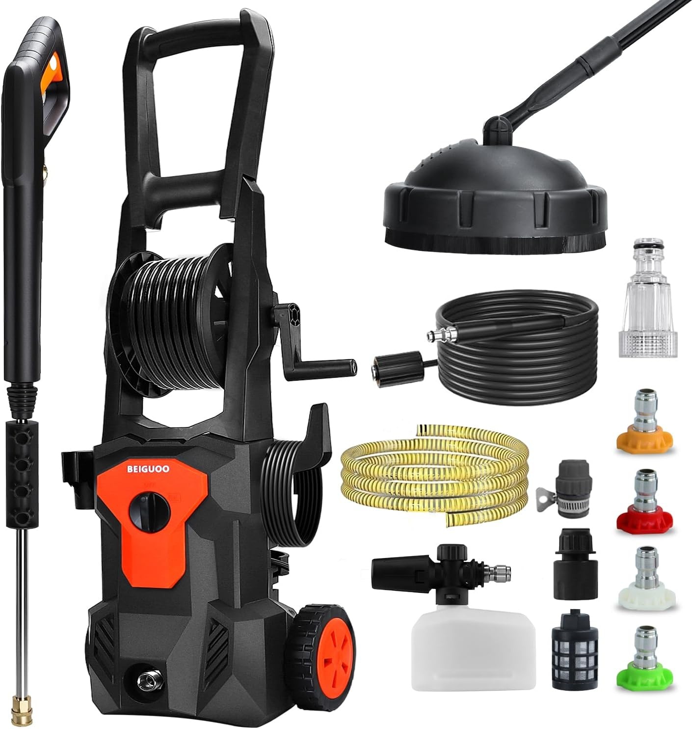 Pressure Washer Hogedrukreiniger, 160 bar voor 50 m²/u, 420 l/u, drukreiniger met 4 sproeiers, schuimsproeier, 17 m slang, sneeuwschuim-spuitpistool