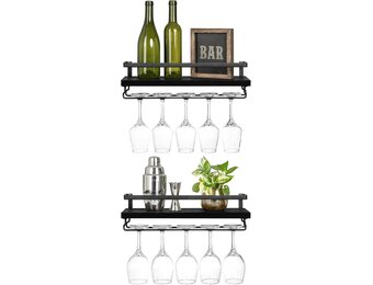 Mkono Wandmontage wijnrek set van 2 houten plank rustieke fles glas zwevende planken glaswerk hanger moderne planten foto's display opslag houder keuken eetkamer bar, zwart, 43 x 15 x 1,8 cm
