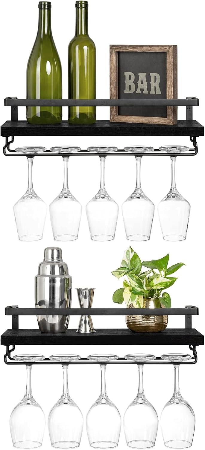 Mkono Wandmontage wijnrek set van 2 houten plank rustieke fles glas zwevende planken glaswerk hanger moderne planten foto's display opslag houder keuken eetkamer bar, zwart, 43 x 15 x 1,8 cm