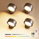 FULEN 4 stuks led-wandlampen voor binnen, wandlamp met 8000 mAh batterij, touch en afstandsbediening, 4 helderheidsniveaus, 18 kleuren, 360° draaibaar, voor woonkamer, slaapkamer, trappenhuis, hal