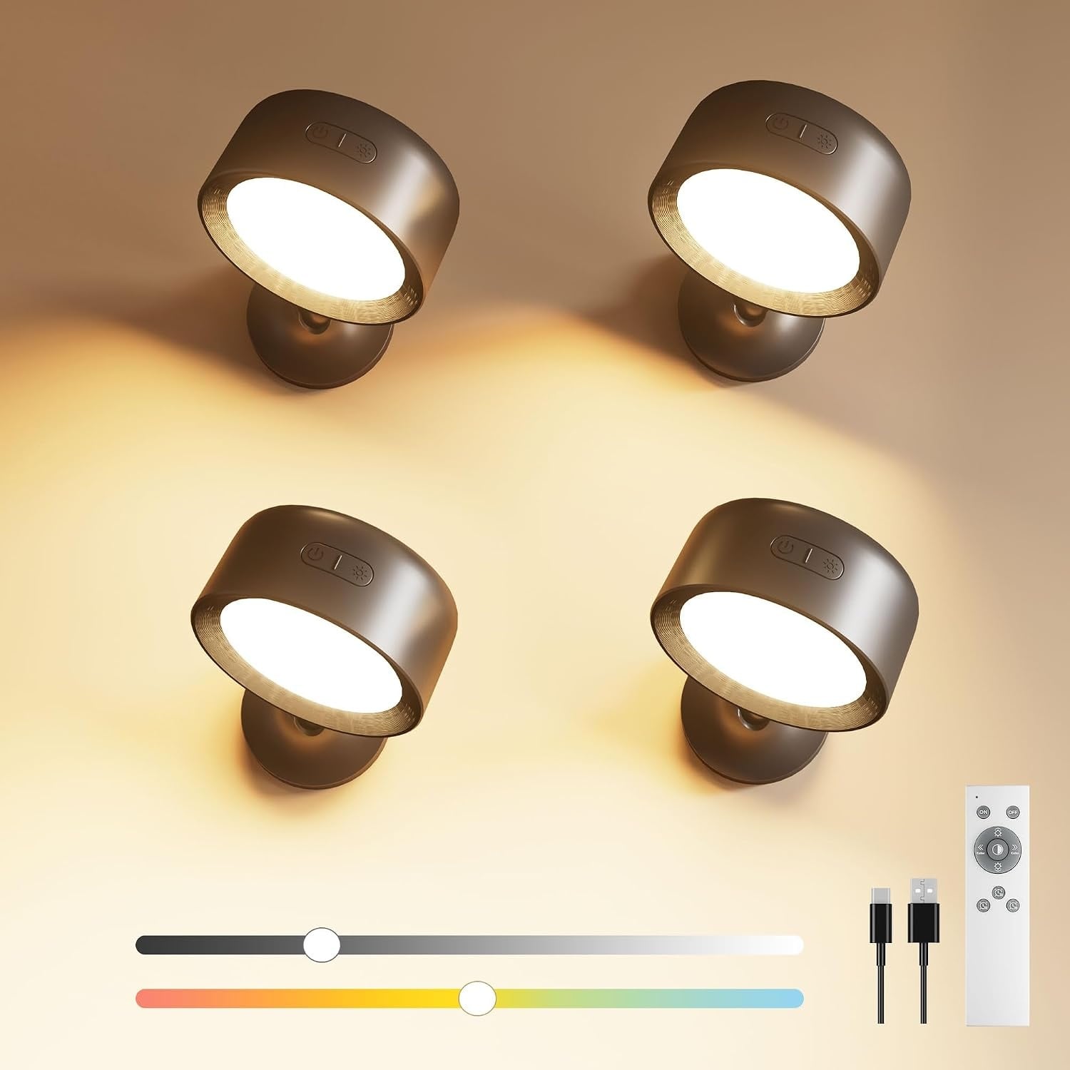 FULEN 4 stuks led-wandlampen voor binnen, wandlamp met 8000 mAh batterij, touch en afstandsbediening, 4 helderheidsniveaus, 18 kleuren, 360° draaibaar, voor woonkamer, slaapkamer, trappenhuis, hal