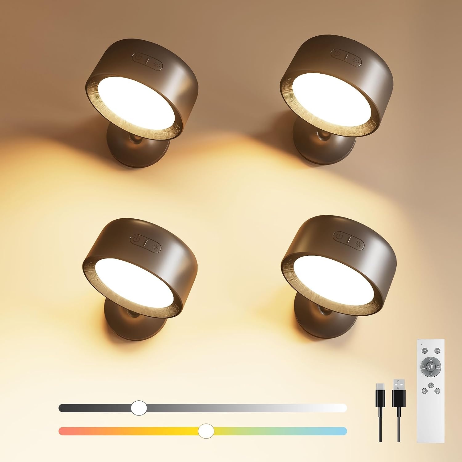 FULEN 4 stuks led-wandlampen voor binnen, wandlamp met 8000 mAh batterij, touch en afstandsbediening, 4 helderheidsniveaus, 18 kleuren, 360° draaibaar, voor woonkamer, slaapkamer, trappenhuis, hal