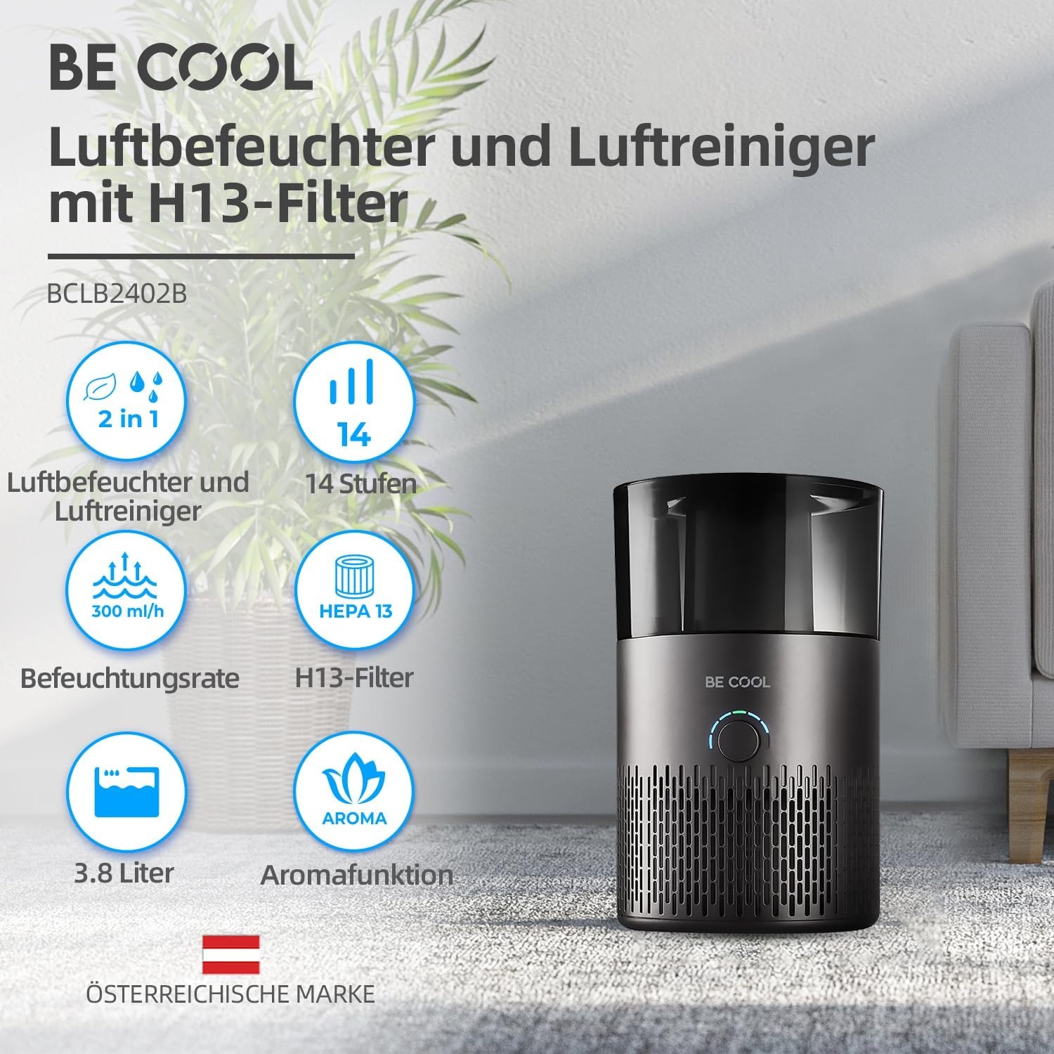Be Cool Luchtbevochtiger 5L - Warm en Koud - Zwart