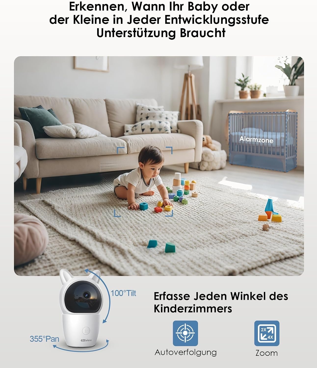 CZEview Babyfoon Met 2 Kameras En APP, 2K/5,0 Inch WLAN Video Babyfoon, PTZ 360°, IR-Nachtsicht, Automatische Volging, 4× Zoom, Herkenning Van Huilen/Beweging/Geluiden, Alarm, Temperatuurweergave