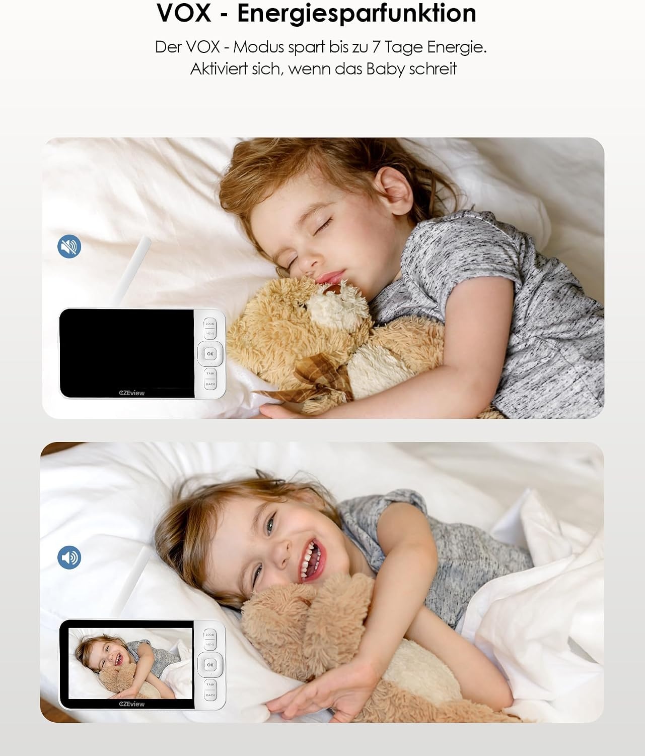 CZEview Babyfoon Met 2 Kameras En APP, 2K/5,0 Inch WLAN Video Babyfoon, PTZ 360°, IR-Nachtsicht, Automatische Volging, 4× Zoom, Herkenning Van Huilen/Beweging/Geluiden, Alarm, Temperatuurweergave
