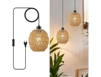 WILON Hanglamp met stekker, 2 stuks E27 vintage lamp met 4,5 m kabel, rotan lampenkap, hanglamp, eettafellamp, hangend, hanglamp voor woonkamer, slaapkamer