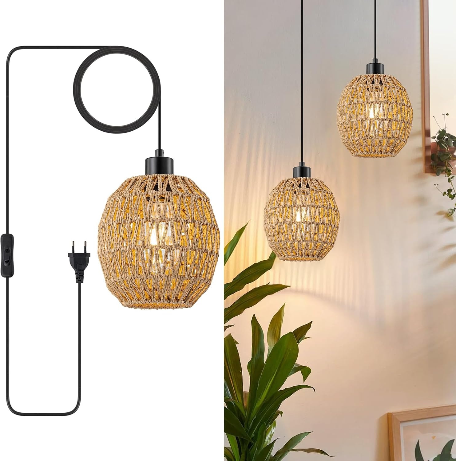 WILON Hanglamp met stekker, 2 stuks E27 vintage lamp met 4,5 m kabel, rotan lampenkap, hanglamp, eettafellamp, hangend, hanglamp voor woonkamer, slaapkamer