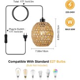 WILON Hanglamp met stekker, 2 stuks E27 vintage lamp met 4,5 m kabel, rotan lampenkap, hanglamp, eettafellamp, hangend, hanglamp voor woonkamer, slaapkamer