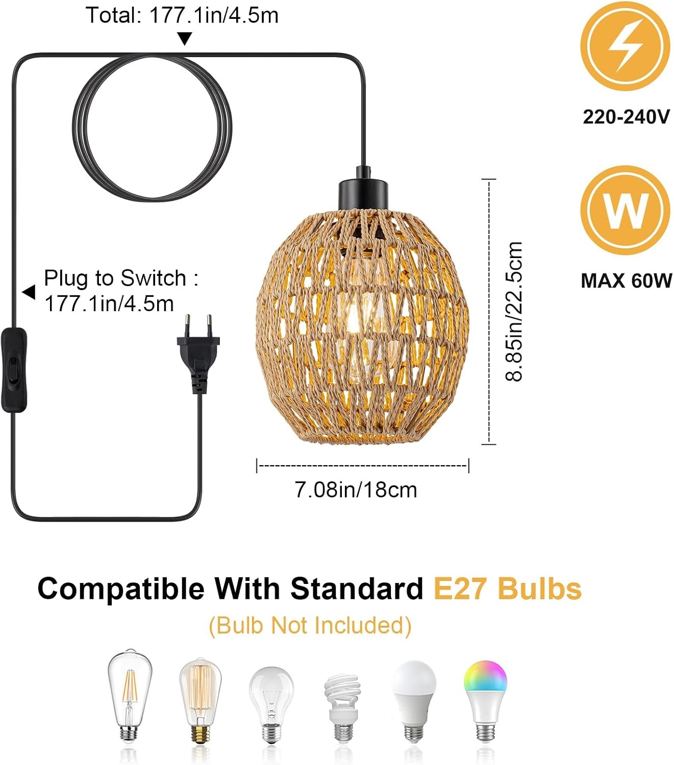 WILON Hanglamp met stekker, 2 stuks E27 vintage lamp met 4,5 m kabel, rotan lampenkap, hanglamp, eettafellamp, hangend, hanglamp voor woonkamer, slaapkamer