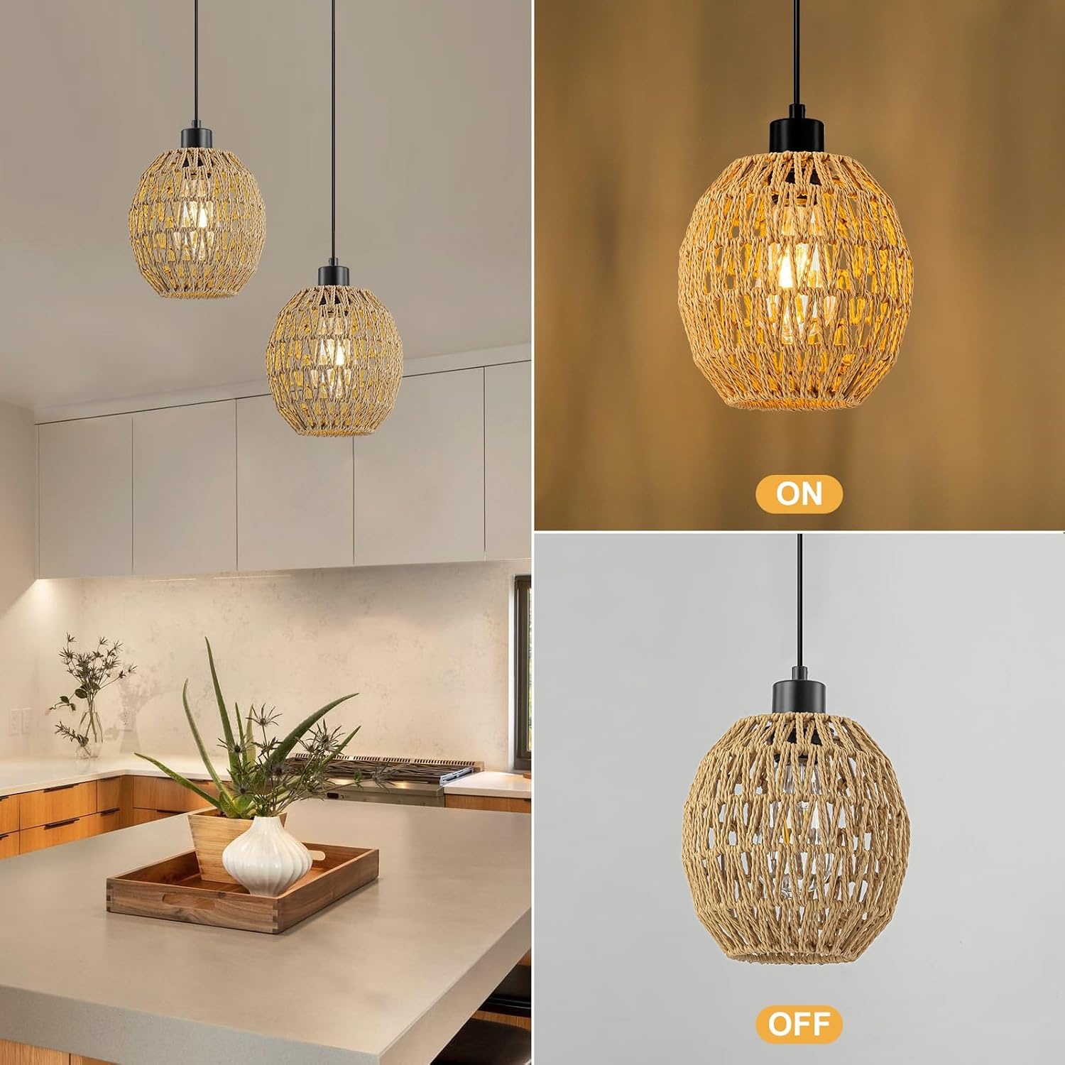 WILON Hanglamp met stekker, 2 stuks E27 vintage lamp met 4,5 m kabel, rotan lampenkap, hanglamp, eettafellamp, hangend, hanglamp voor woonkamer, slaapkamer