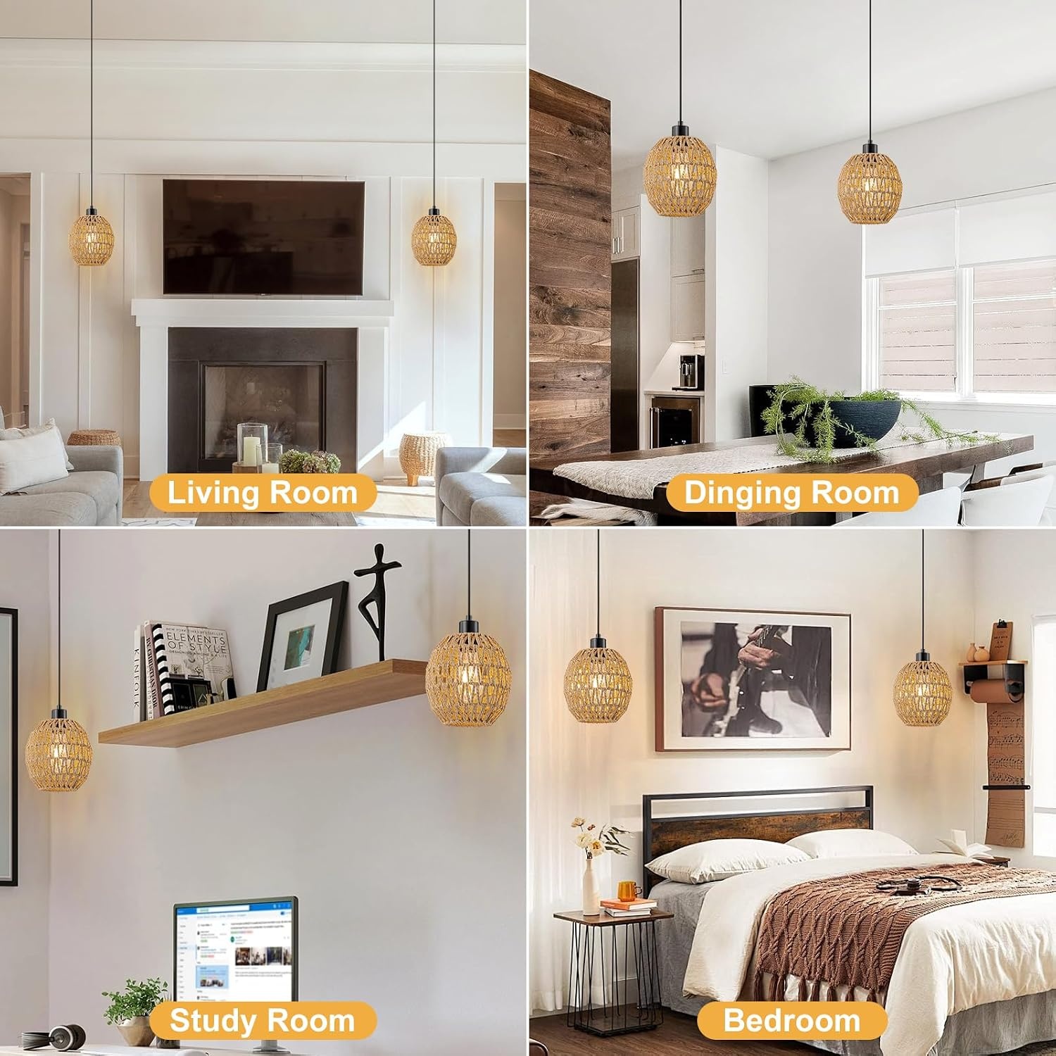 WILON Hanglamp met stekker, 2 stuks E27 vintage lamp met 4,5 m kabel, rotan lampenkap, hanglamp, eettafellamp, hangend, hanglamp voor woonkamer, slaapkamer