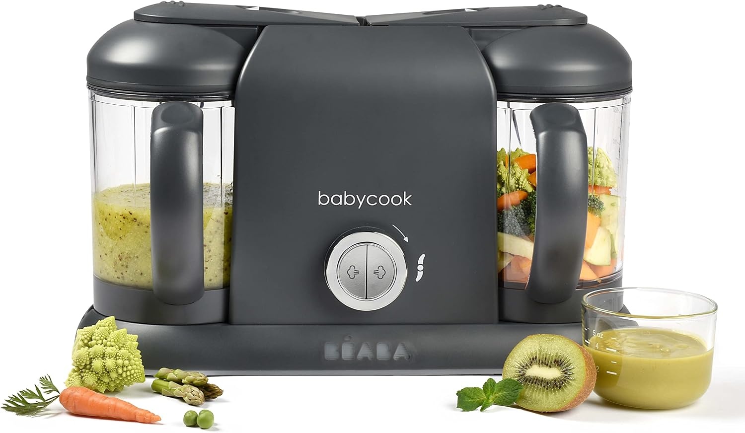 BÉABA, Babycook Duo, 4-in-1 babyrobot, mixer-koker, snel stomen, 15 min, voedseldiversificatie, kleine zelfgemaakte babypotten, XXL-inhoud 2200 ml, donkergrijs