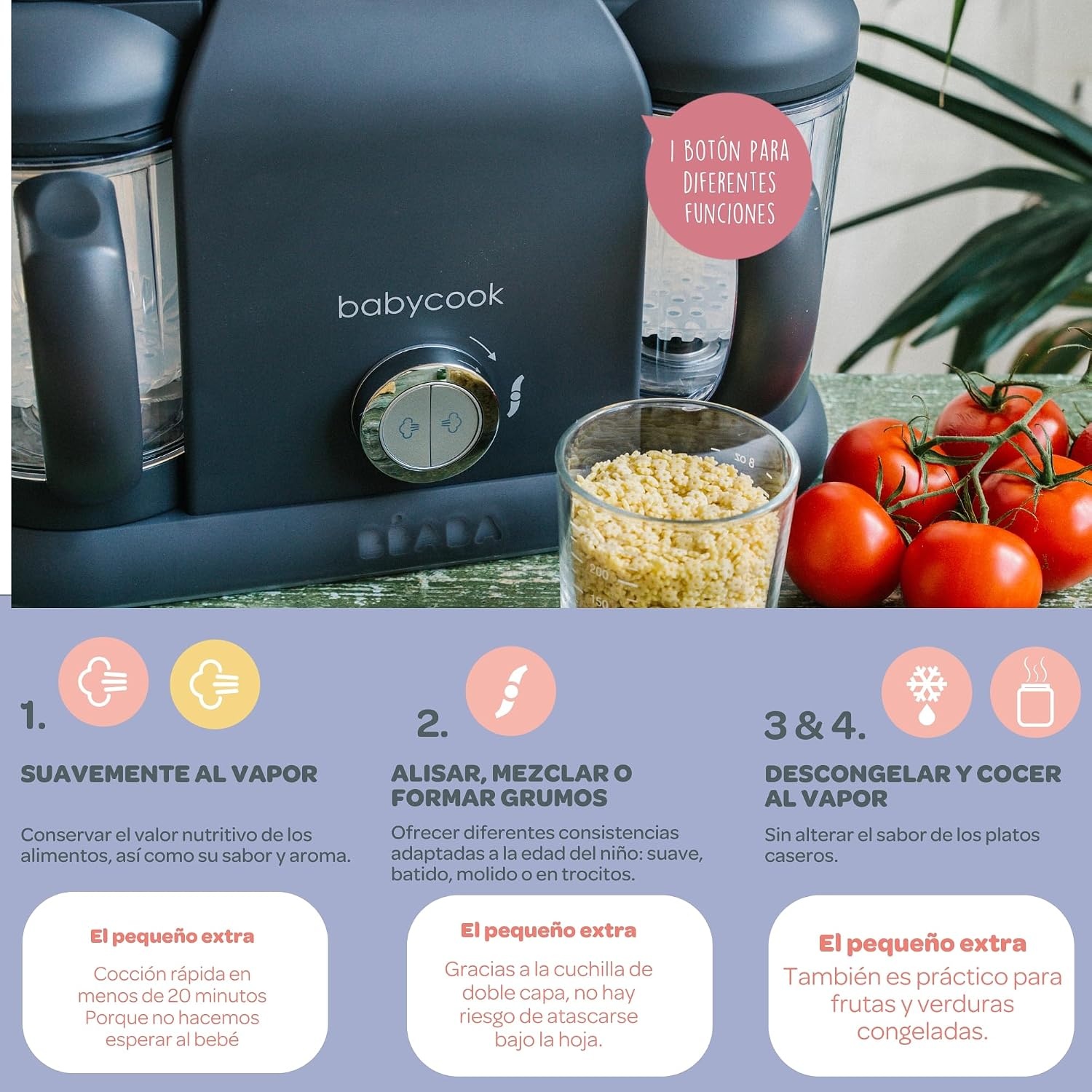 BÉABA, Babycook Duo, 4-in-1 babyrobot, mixer-koker, snel stomen, 15 min, voedseldiversificatie, kleine zelfgemaakte babypotten, XXL-inhoud 2200 ml, donkergrijs