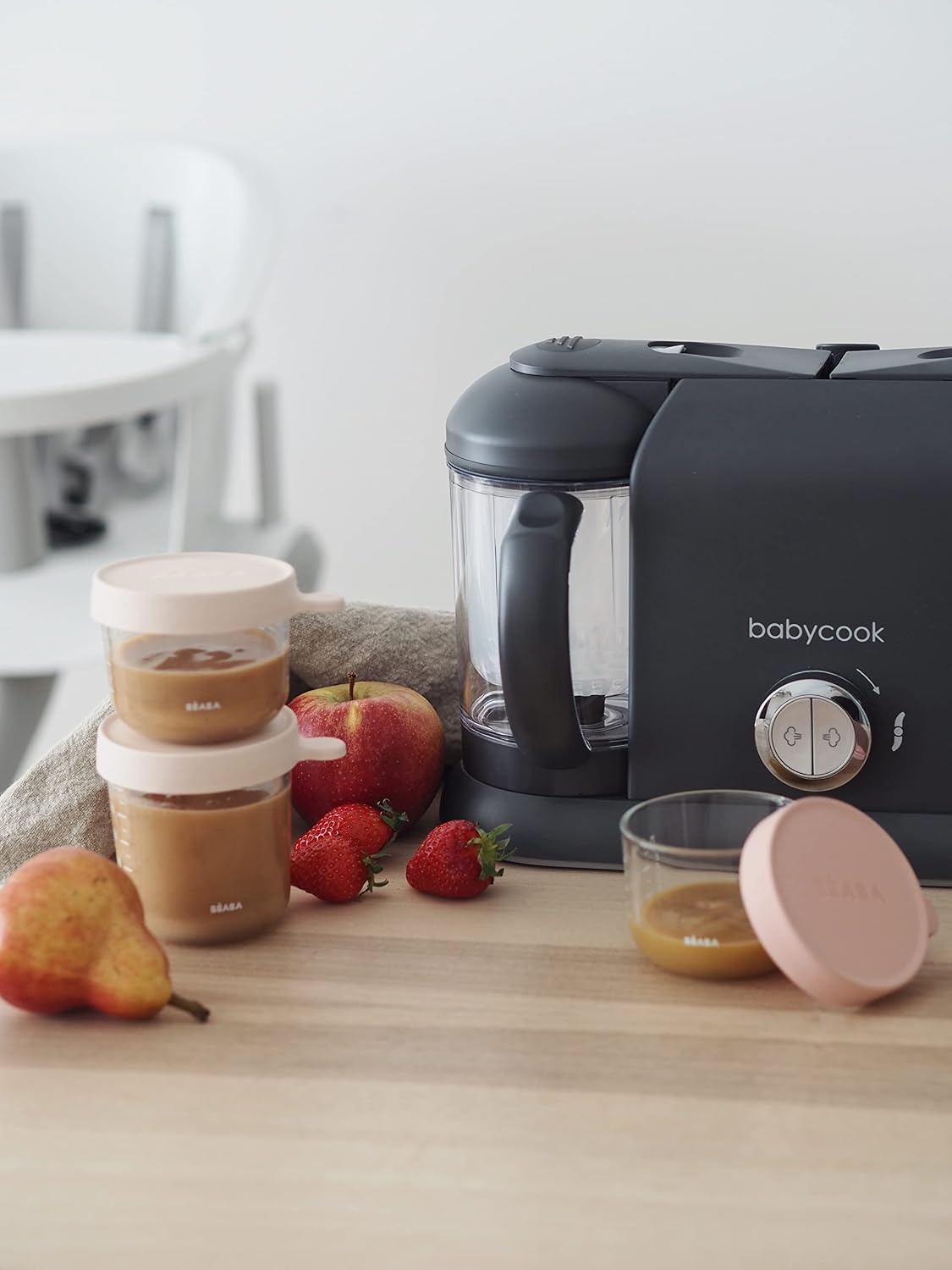BÉABA, Babycook Duo, 4-in-1 babyrobot, mixer-koker, snel stomen, 15 min, voedseldiversificatie, kleine zelfgemaakte babypotten, XXL-inhoud 2200 ml, donkergrijs