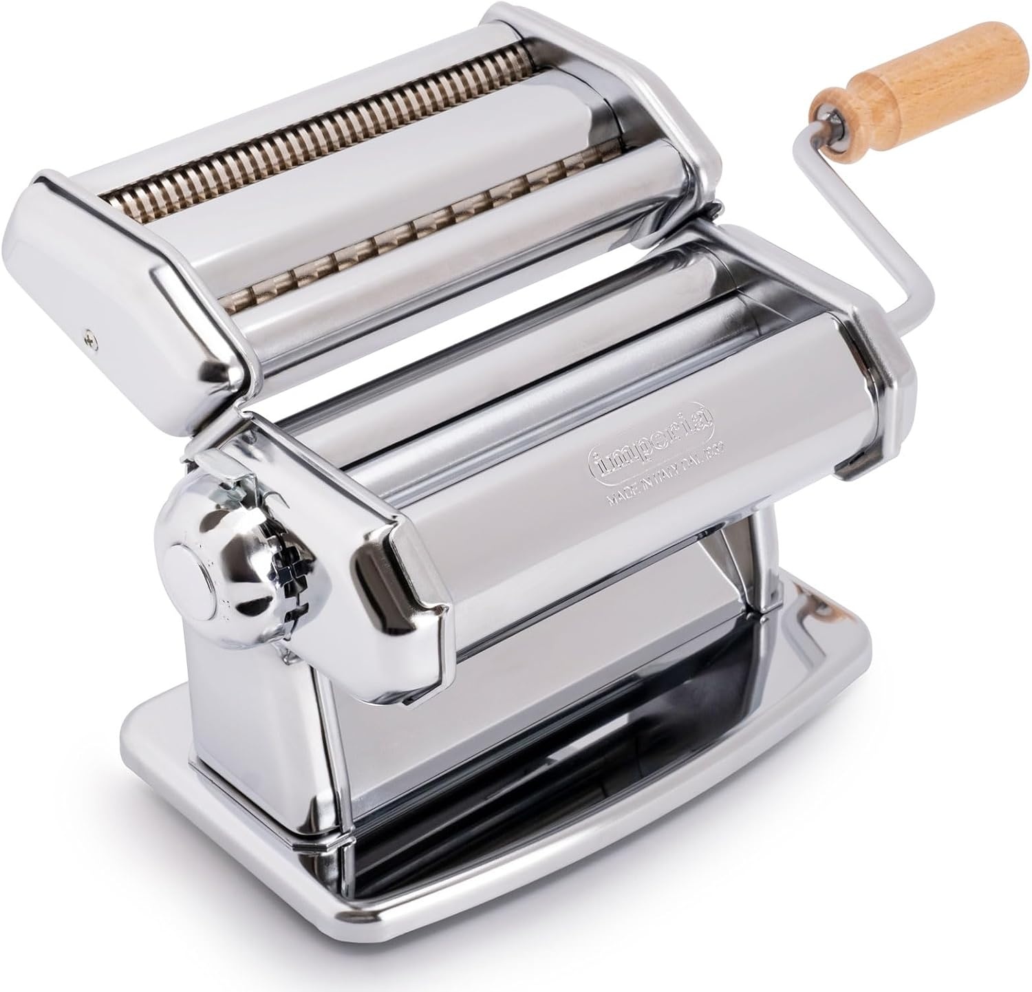 Imperia Nieuwe Ipasta, pastamachine, 100% Made in Italy. Frisse stalen pastamachine. Handmatige bladeruitsteker met zwengel voor lasagne, tagliolini, fettuccine, chroom.