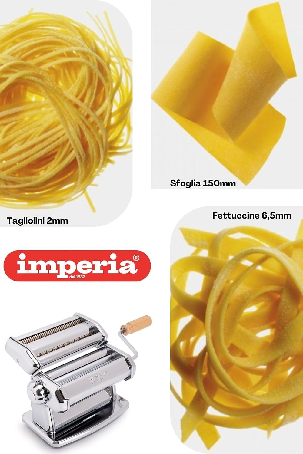 Imperia Nieuwe Ipasta, pastamachine, 100% Made in Italy. Frisse stalen pastamachine. Handmatige bladeruitsteker met zwengel voor lasagne, tagliolini, fettuccine, chroom.