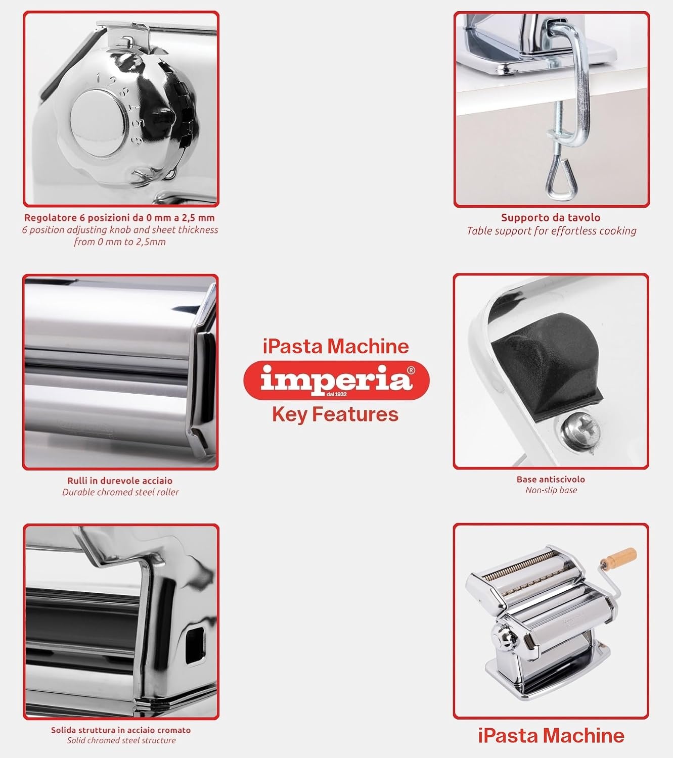 Imperia Nieuwe Ipasta, pastamachine, 100% Made in Italy. Frisse stalen pastamachine. Handmatige bladeruitsteker met zwengel voor lasagne, tagliolini, fettuccine, chroom.