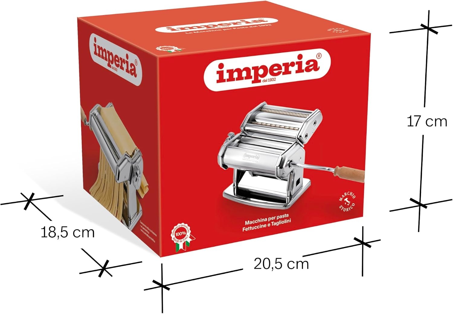 Imperia Nieuwe Ipasta, pastamachine, 100% Made in Italy. Frisse stalen pastamachine. Handmatige bladeruitsteker met zwengel voor lasagne, tagliolini, fettuccine, chroom.