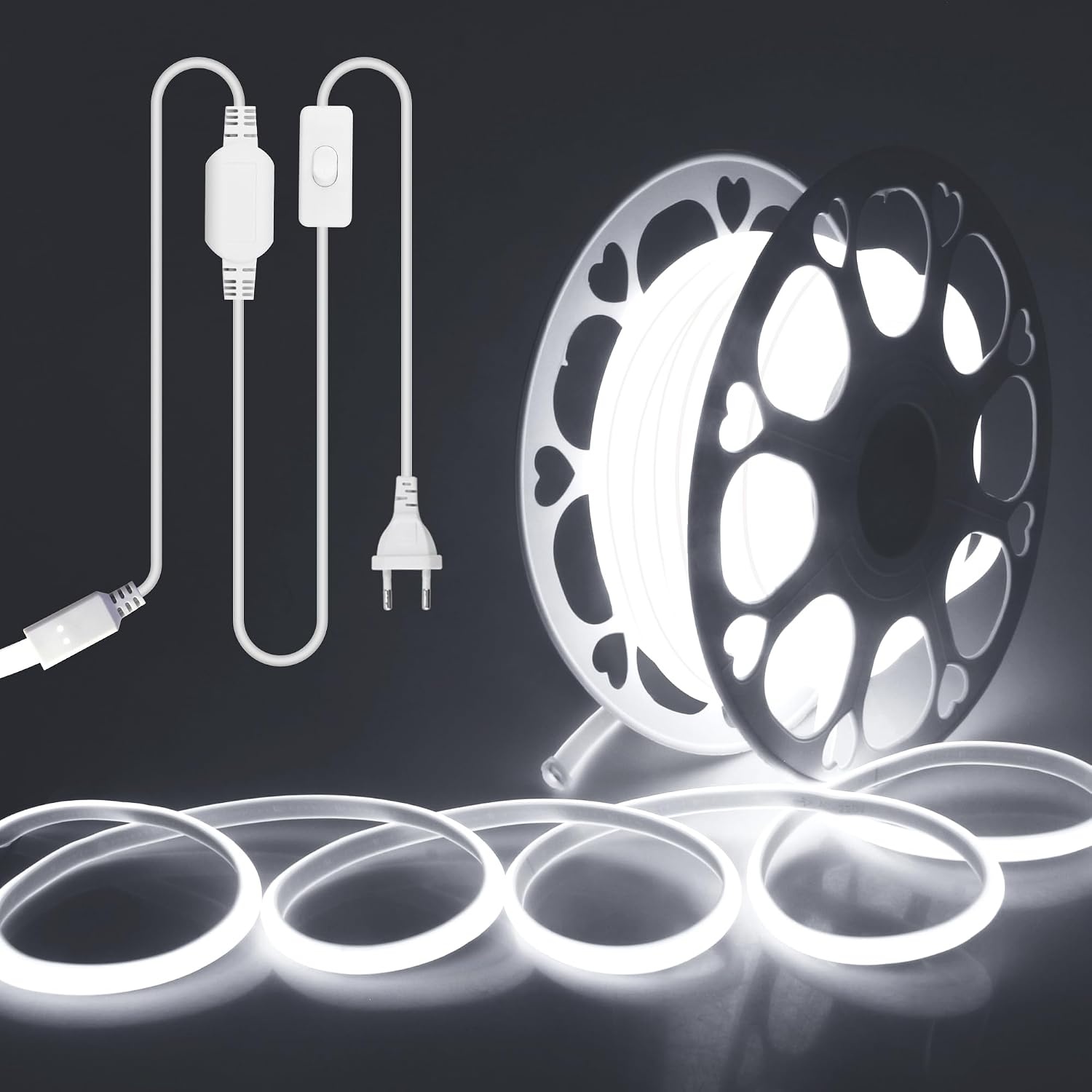 ALITOVE Ledstrip, 20 m, koudwit, 6000 K, COB ledstrip, buiten, waterdicht, 230 V, directe aansluiting met schakelaar, voor slaapkamer, tuin, terras, doe-het-zelfverlichting en woondecoratie
