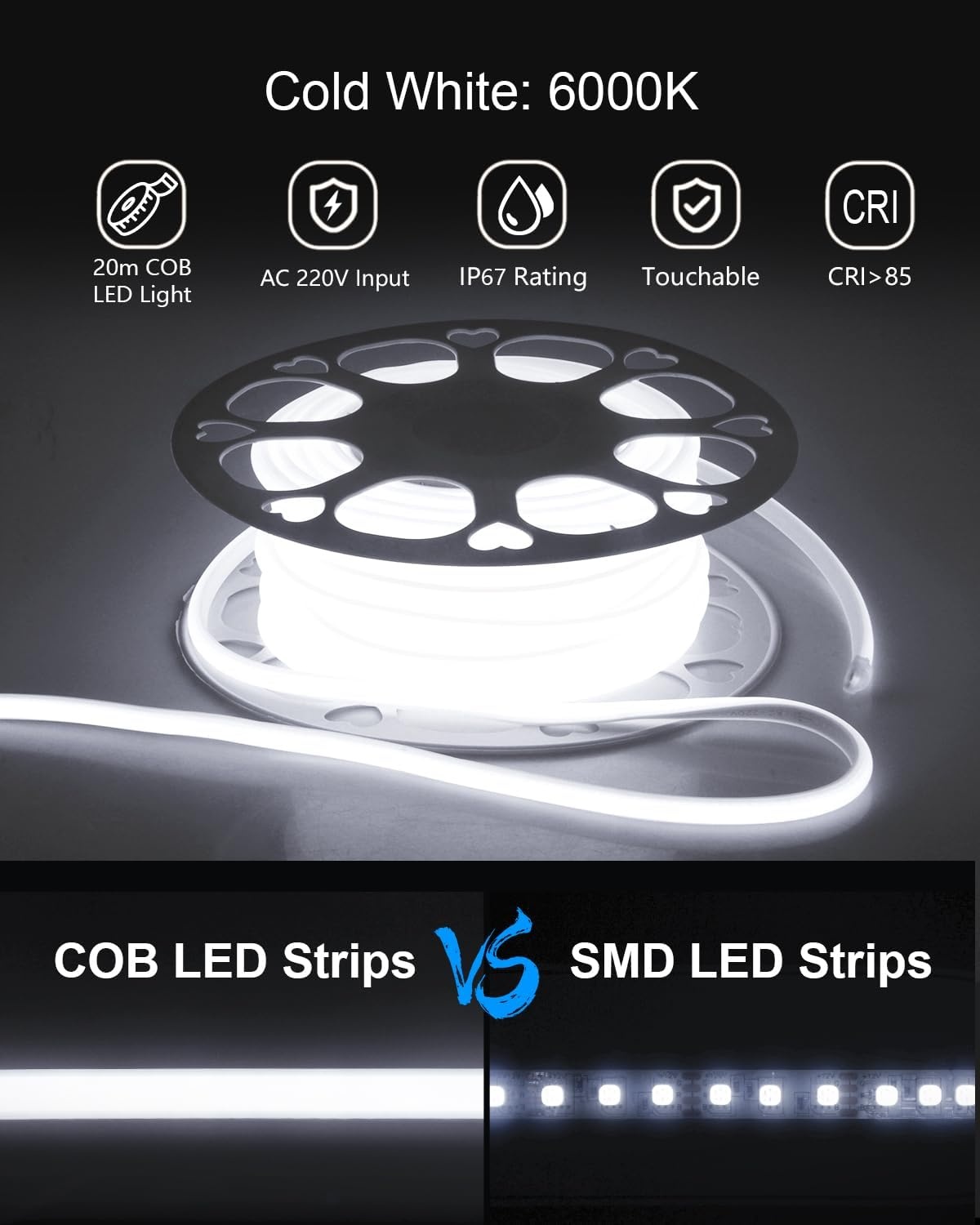 ALITOVE Ledstrip, 20 m, koudwit, 6000 K, COB ledstrip, buiten, waterdicht, 230 V, directe aansluiting met schakelaar, voor slaapkamer, tuin, terras, doe-het-zelfverlichting en woondecoratie