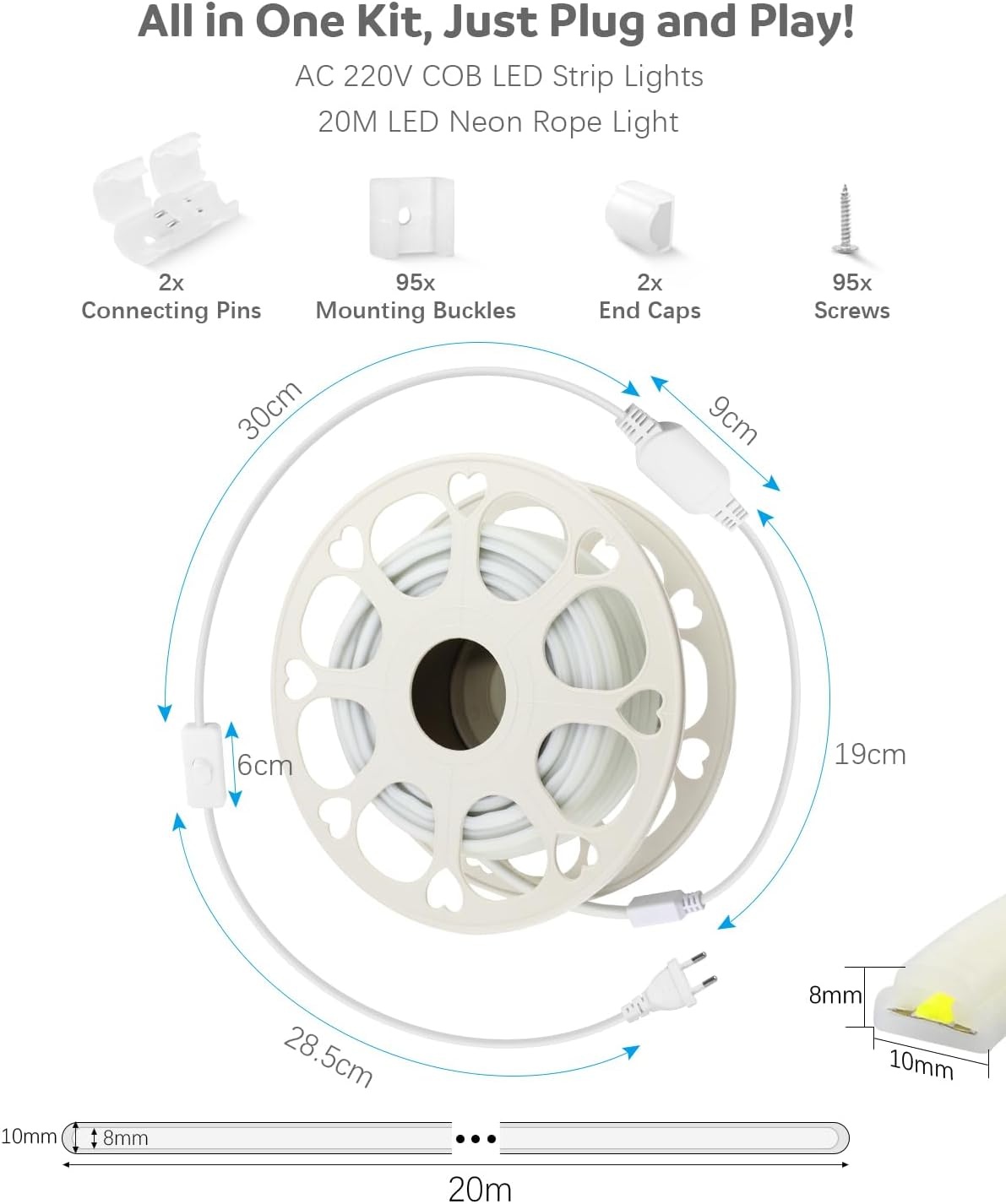 ALITOVE Ledstrip, 20 m, koudwit, 6000 K, COB ledstrip, buiten, waterdicht, 230 V, directe aansluiting met schakelaar, voor slaapkamer, tuin, terras, doe-het-zelfverlichting en woondecoratie