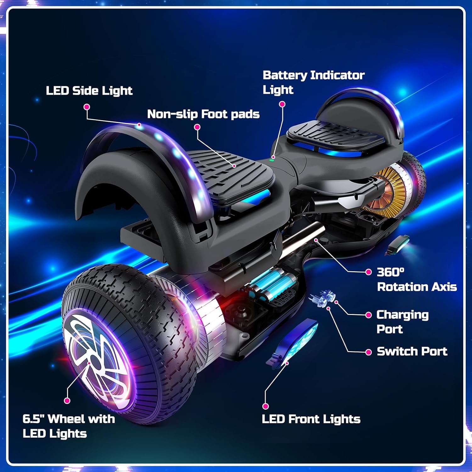 SISIGAD 6.5 inch Overboard Hoverboard with LED/Bluetooth, Skateboard, Hoverboard, Kids Gift
