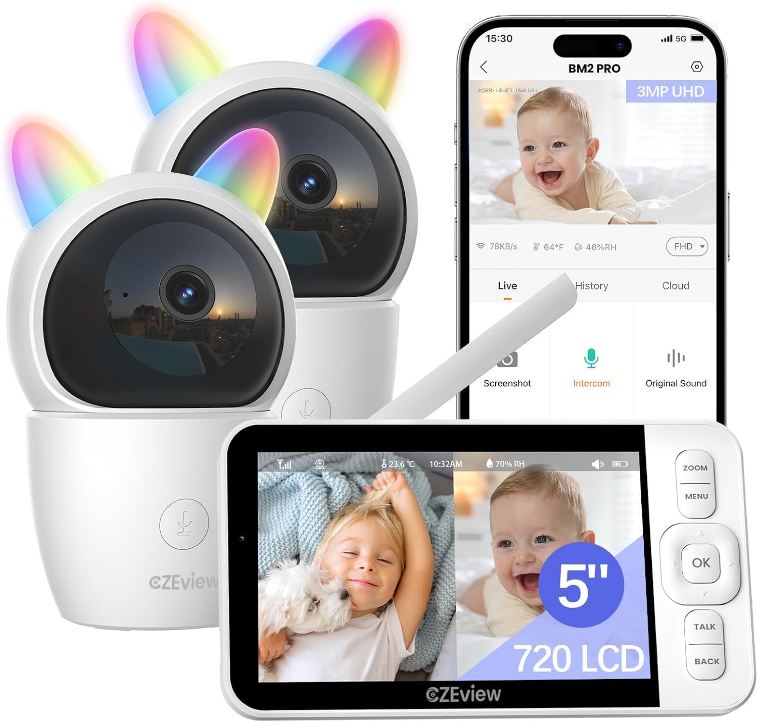 CZEview Babyfoon Met 2 Kameras En APP, 2K/5,0 Inch WLAN Video Babyfoon, PTZ 360°, IR-Nachtsicht, Automatische Volging, 4× Zoom, Herkenning Van Huilen/Beweging/Geluiden, Alarm, Temperatuurweergave