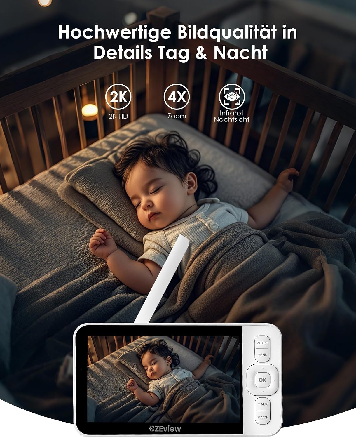CZEview Babyfoon Met 2 Kameras En APP, 2K/5,0 Inch WLAN Video Babyfoon, PTZ 360°, IR-Nachtsicht, Automatische Volging, 4× Zoom, Herkenning Van Huilen/Beweging/Geluiden, Alarm, Temperatuurweergave