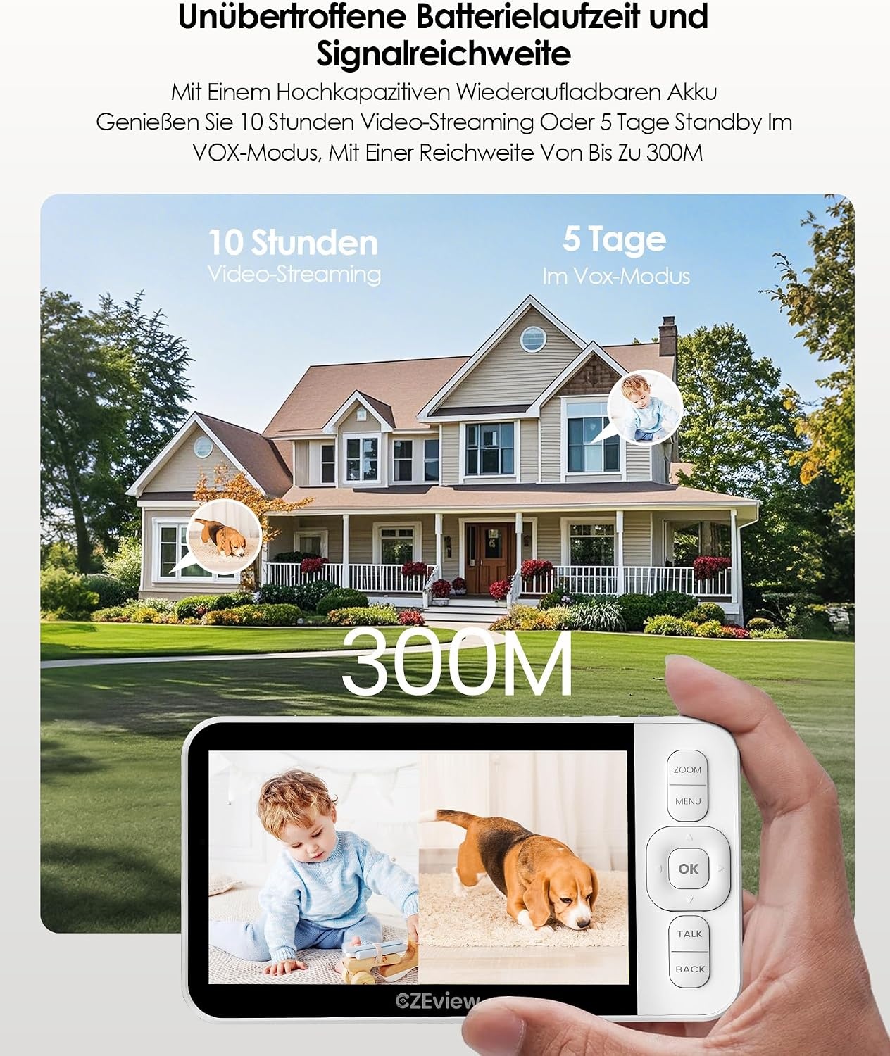 CZEview Babyfoon Met 2 Kameras En APP, 2K/5,0 Inch WLAN Video Babyfoon, PTZ 360°, IR-Nachtsicht, Automatische Volging, 4× Zoom, Herkenning Van Huilen/Beweging/Geluiden, Alarm, Temperatuurweergave