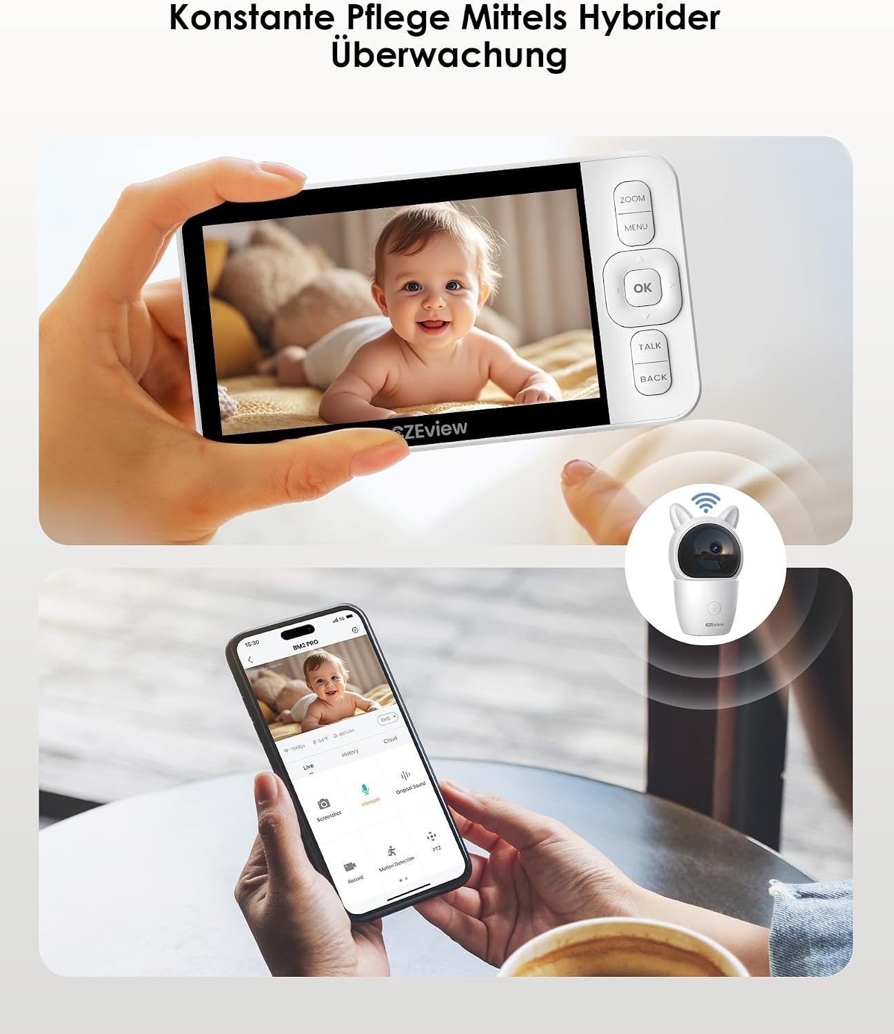 CZEview Babyfoon Met 2 Kameras En APP, 2K/5,0 Inch WLAN Video Babyfoon, PTZ 360°, IR-Nachtsicht, Automatische Volging, 4× Zoom, Herkenning Van Huilen/Beweging/Geluiden, Alarm, Temperatuurweergave