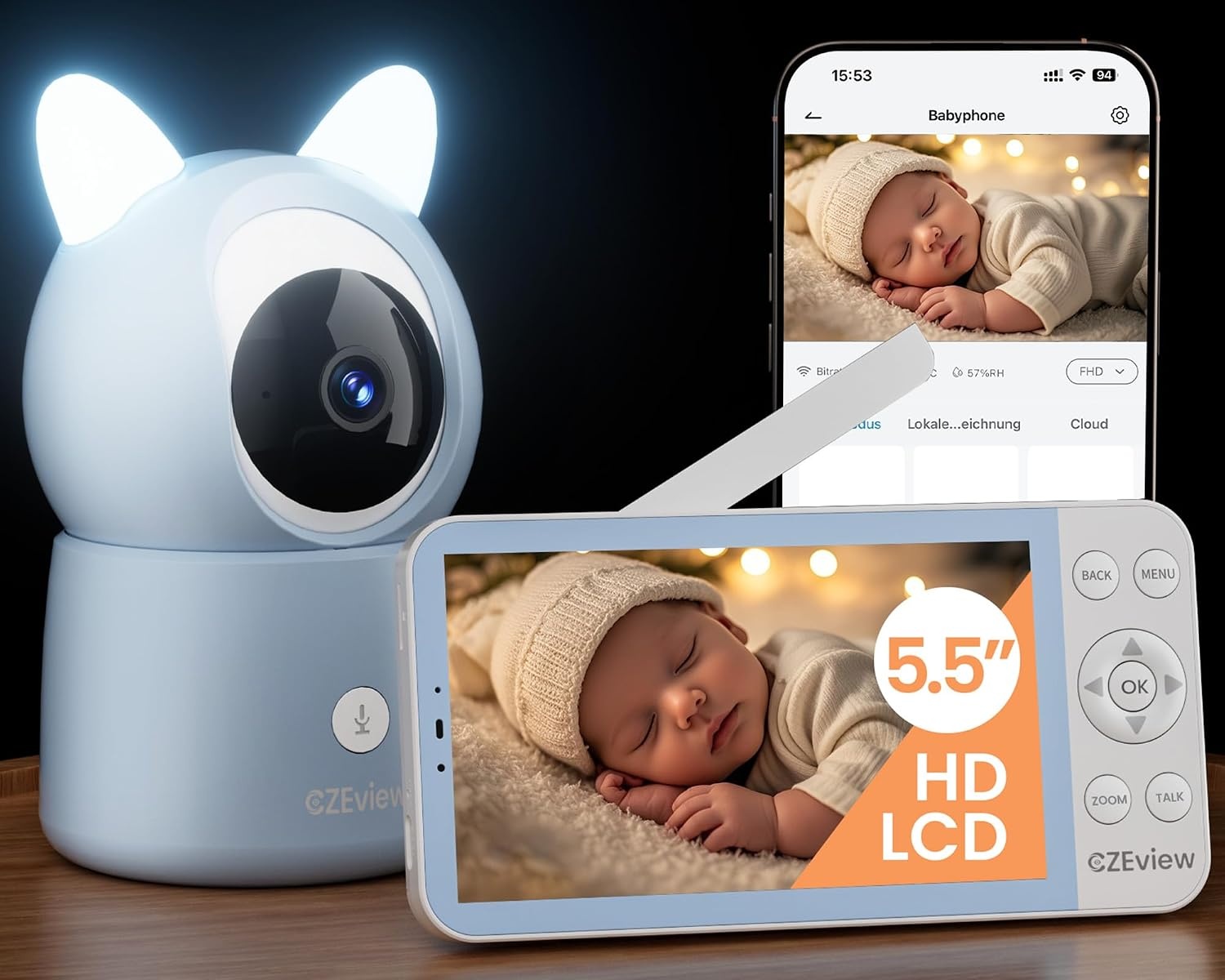 CZEview BM6 Babyfoon met 2K Camera en 5,5 Inch Scherm - Blauw