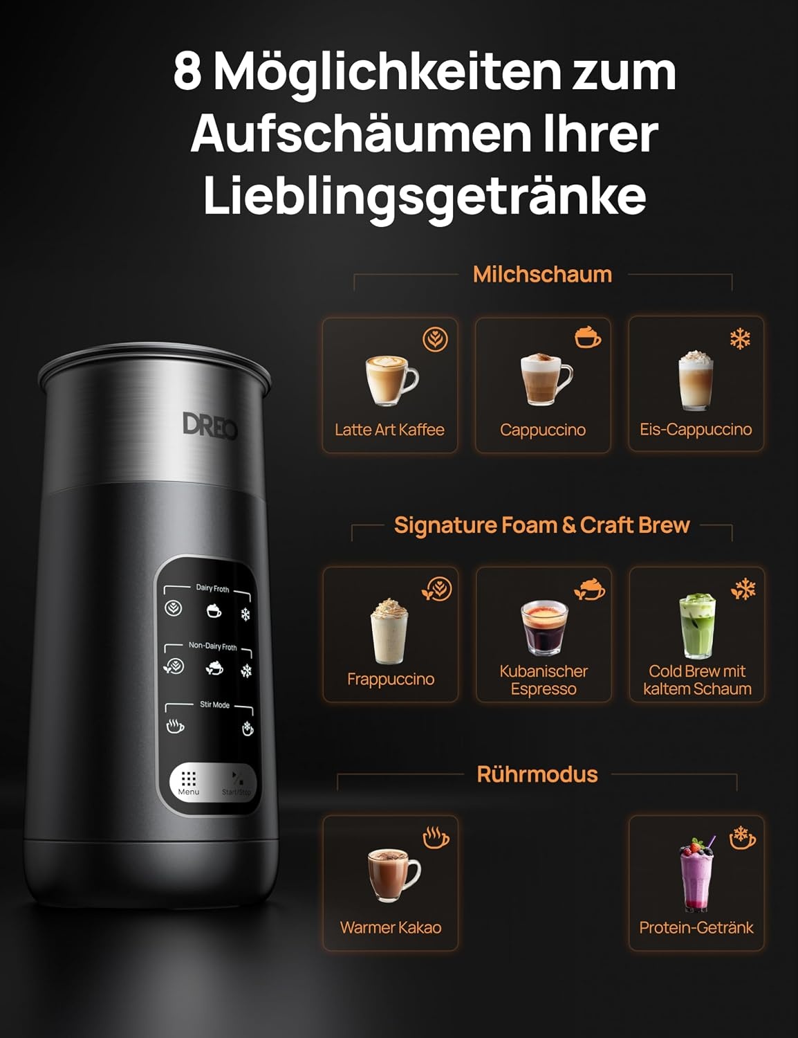 Elektrische Melkopschuimer Zwart | 8-in-1 | 435ml | 53% Korting